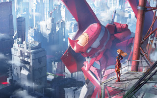 Cityscape robot man ledge skyscraper - sots art free wallpaper