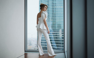 Woman white outfit window city - a white outfit free wallpaper