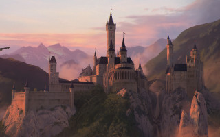 Castle mountain plane sunset cityscape - christophe vacher free wallpaper