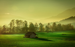 Small house field mountains sunset 2 - ferenc joachim free wallpaper