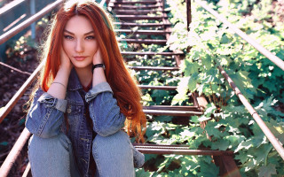 Red hair woman stairs outdoors - red hair free wallpaper