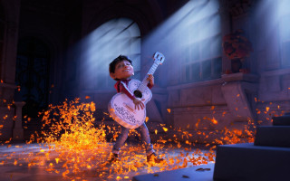 Cartoon character guitar fire smoke - a building in the background free wallpaper