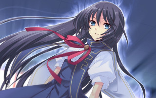 Girl longhair whiteribbon bluedress redbow - red ribbon free wallpaper