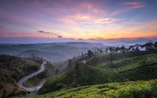 Winding road green hills sunset 2 - the hill free wallpaper