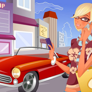 Woman talking cellphone red car - city background free wallpaper
