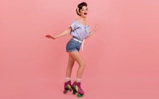Woman rollerblading pink background fashion - kitsch movement free wallpaper for desktop