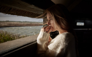 Woman window water grass blonde - outside free wallpaper