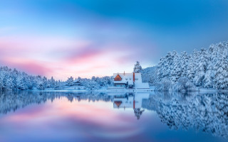 Lake house trees sunset reflection - a small house free wallpaper