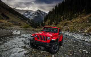 Red jeep mountains stream rocks - the rock free wallpaper