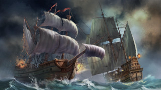 Pirate ship battle full moon - matte fantasy painting free wallpaper