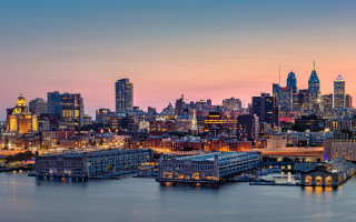 City skyline dusk pink water - a few building free wallpaper