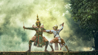 Men costumes spears forest night - a bridge in front free wallpaper