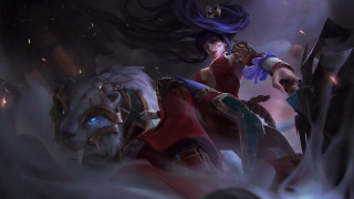 Woman red dress sword cave - a demon in the background and a demon in the foreground free wallpaper