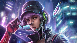 Woman headphones city night neon - a neon background free wallpaper