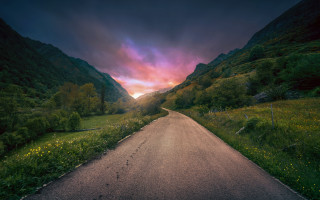 Mountain road sunset forest river - affinity photo free wallpaper