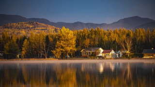Lake house trees mountains autumn - impressionist free wallpaper
