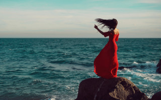 Woman red dress ocean wind - impressionist free wallpaper