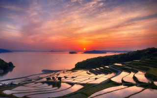 Sunset ricefield mountain water city - beautiful scenery free wallpaper for desktop