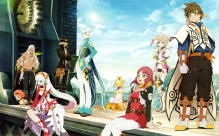 Anime characters clock tower sky 2 - a group of anime characters free wallpaper