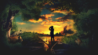 Giraffe boat river sunset autumn - cyril rolando free wallpaper for desktop