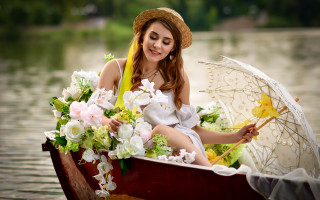 Woman boat umbrella flowers smiling - impressionist free wallpaper