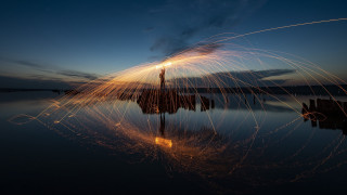 Dock firework reflection city lights - a photo free wallpaper