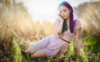Purple hair woman tattoo field - purple hair free wallpaper