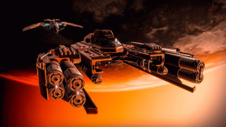 Sci fi spaceship red sun - over a planet free wallpaper