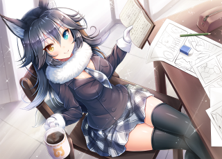 Woman short skirt boots desk - a detailed drawing free wallpaper