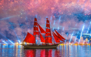 Red sailboat fireworks bridge mystical - andrey ryabovichev free wallpaper