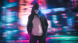 Man hooded jacket city neon - les automatiste free wallpaper