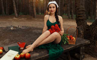 Woman bench apples flowers book - a woman free wallpaper for desktop
