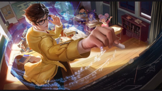 Woman yellow coat remote play - analytical art free wallpaper