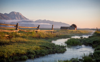 Stream lush field wooden fence - a small stream free wallpaper