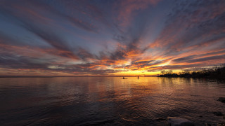 Sunset lake boat clouds cityscape - a sunset over a lake free wallpaper