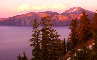 Mountain lake trees pink sky 2 - a lake and trees free wallpaper