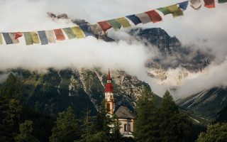 Church steeple mountain clouds trees - a matte painting free wallpaper for desktop