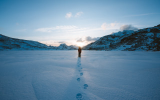 Snowy walkers sunrise mountains footprints - the ground and mountains free wallpaper