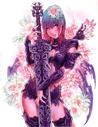 Woman sword flowers hair body - fantasy art free wallpaper