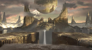 Fantasy waterfall castle moon scene - matte painting concept art free wallpaper