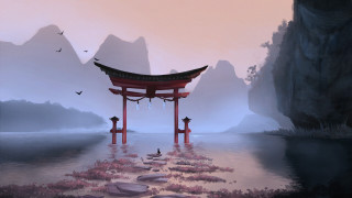 Pagoda lake birds mountain pink - matte painting concept art free wallpaper