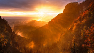 Sunset mountain trees forest sunbeam - crepuscular ray free wallpaper