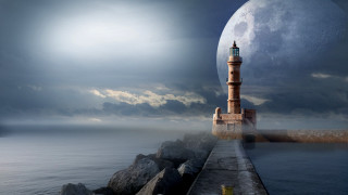 Lighthouse pier moonlit night clouds - a lighthouse free wallpaper