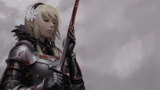 Woman armor sword flower clouds - a woman in armor holding free wallpaper