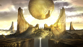 Futuristic city golden object waterfall - a futuristic city free wallpaper