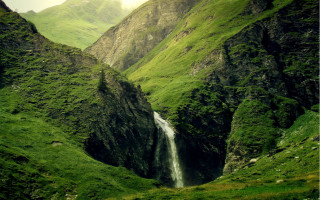 Waterfall valley mountain cloudy sky - a matte painting free wallpaper for desktop