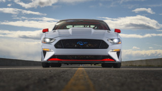 White mustang cloudy sky road - a yellow line free wallpaper