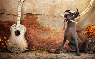 Dog guitar flower wall brick - digital free wallpaper for desktop