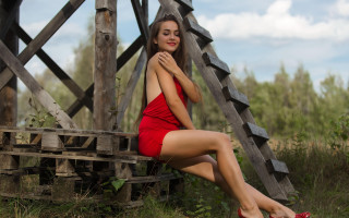 Woman red dress bench field - fashion photoshoot free wallpaper for desktop