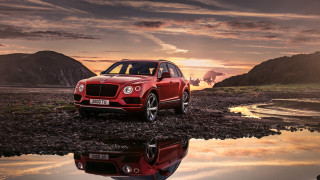 Red suv rocky shore sunset - 8k artistic photography free wallpaper